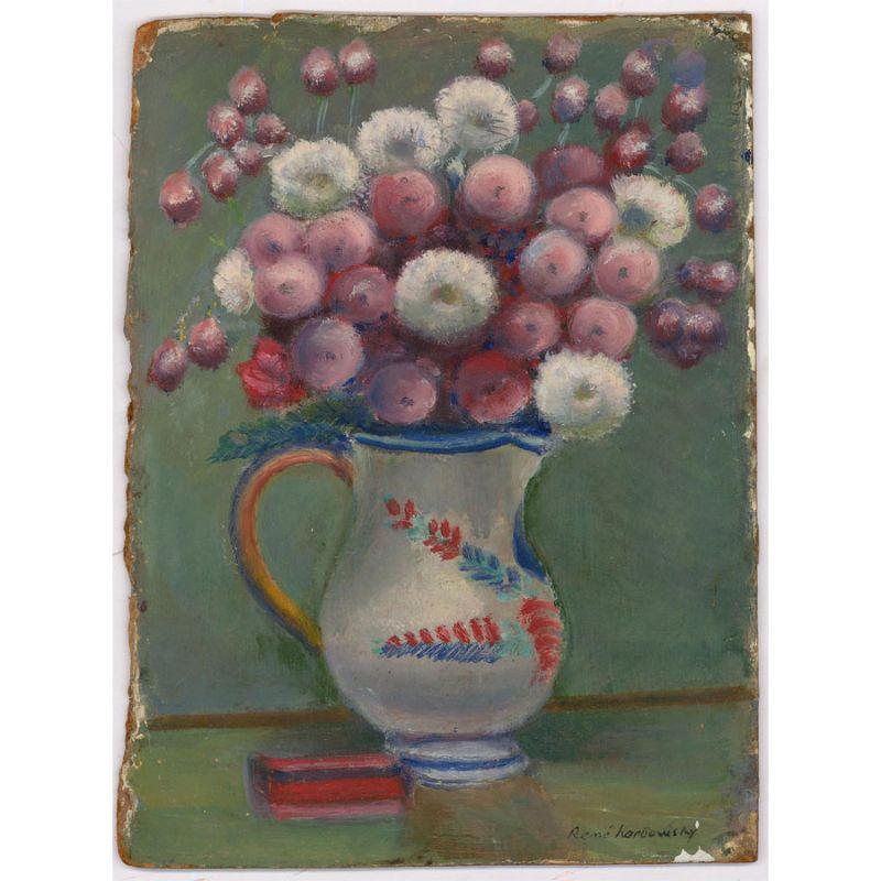 Rene Karbowsky (b.1883) - Early 20th Century Oil, Jug Of Pink Flowers For Sale 3