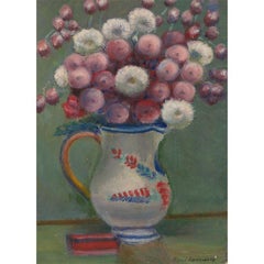 Rene Karbowsky (né en 1883) - Huile du début du XXe siècle, cruche de fleurs roses