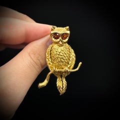 René Kern Owl Citrine 18K Yellow Gold Animal Brooch Germany Mid-Century 1960s