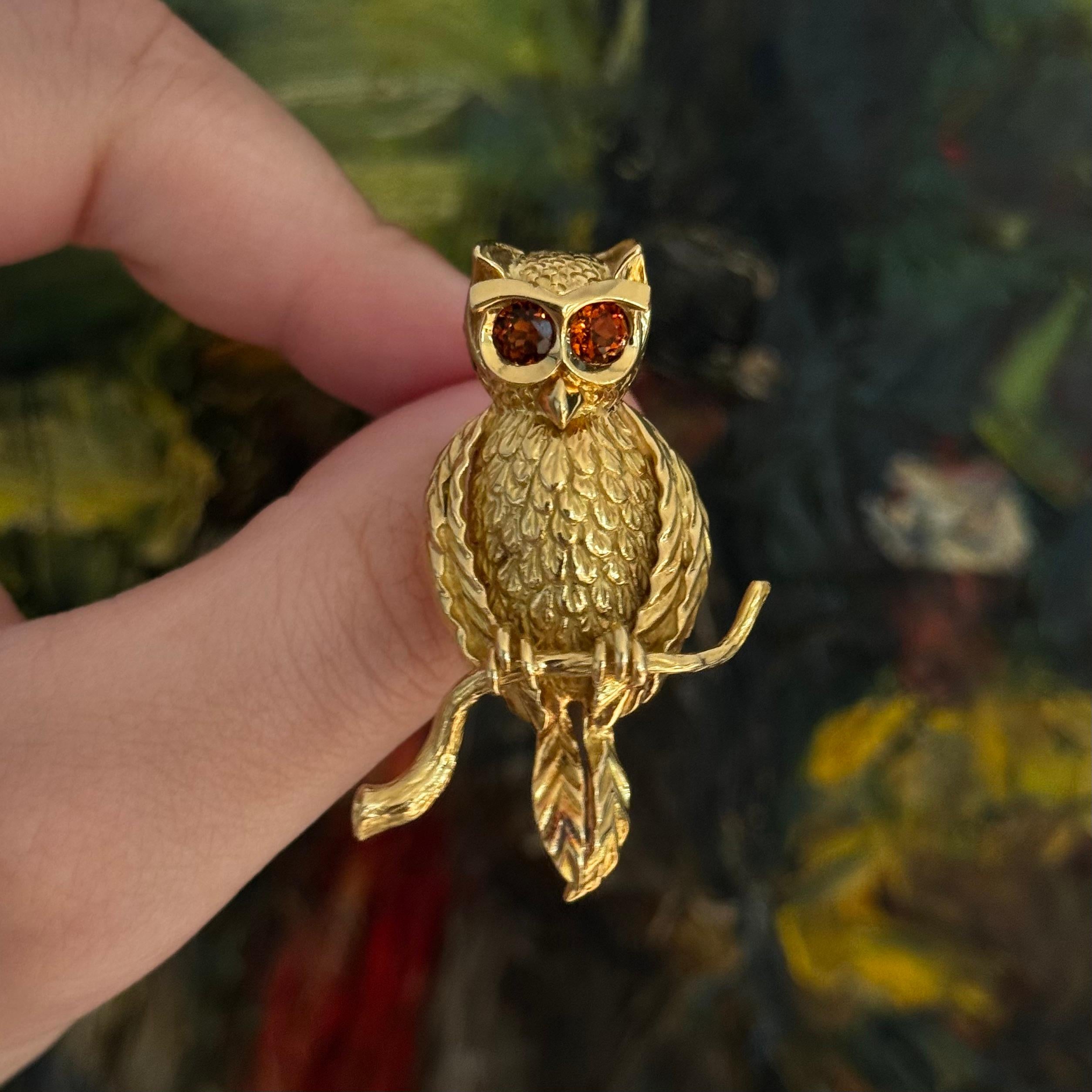 René Kern Hibou Citrine Or jaune 18K Broche Animal Allemagne Milieu du siècle 1960 Unisexe en vente