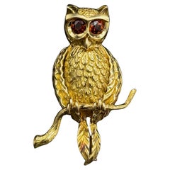 René Kern Owl Citrine 18K Yellow Gold Animal Brooch Germany Mid-Century 1960s