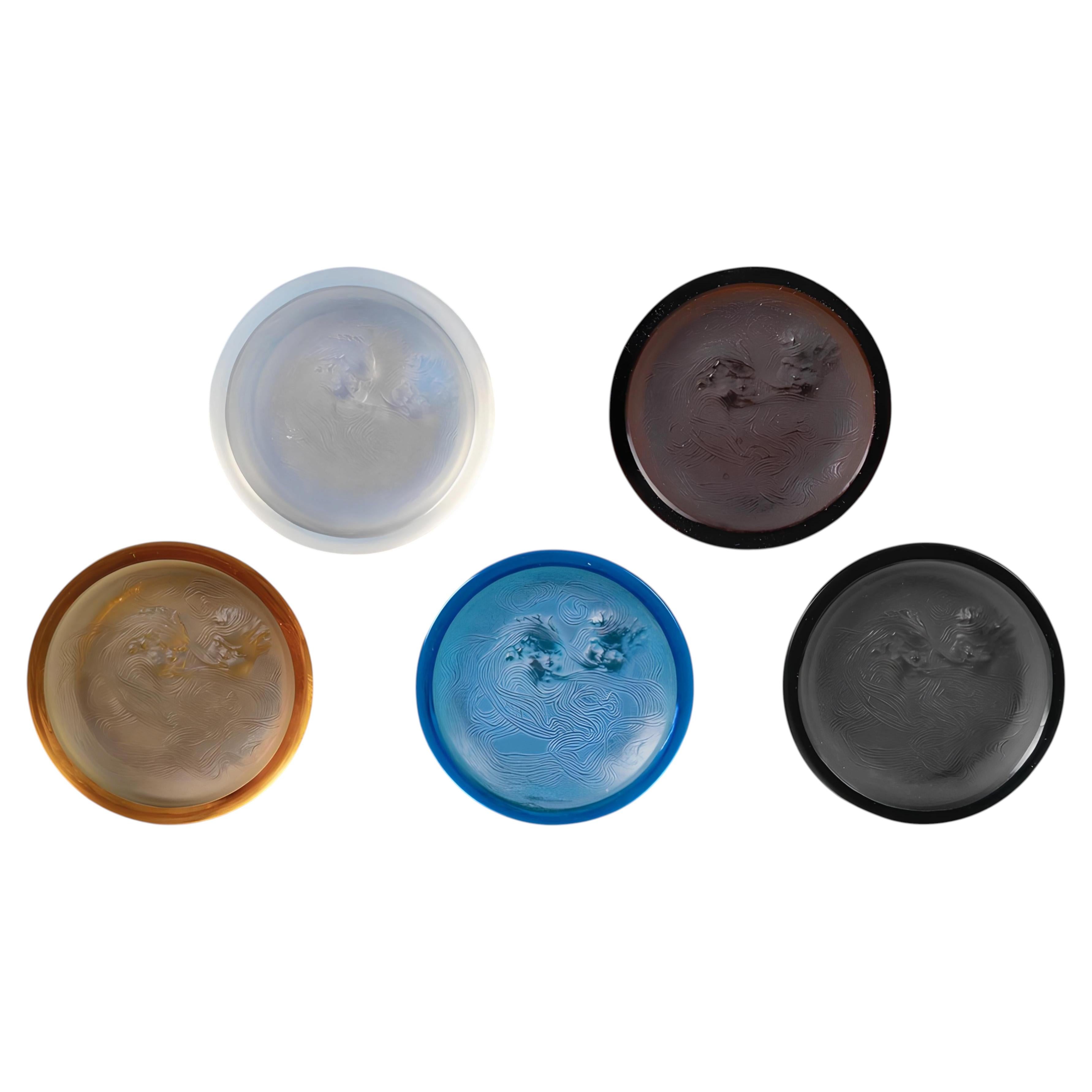 René Lalique (1860–1945) Exceptional Suite of Five “Deux Zephirs” Ashtrays 1913 For Sale