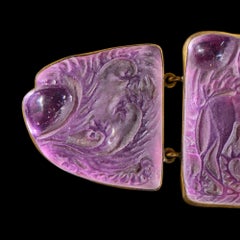 René Lalique 1912 Three Piece Clear Glass on Purple Foil Biches Brooch