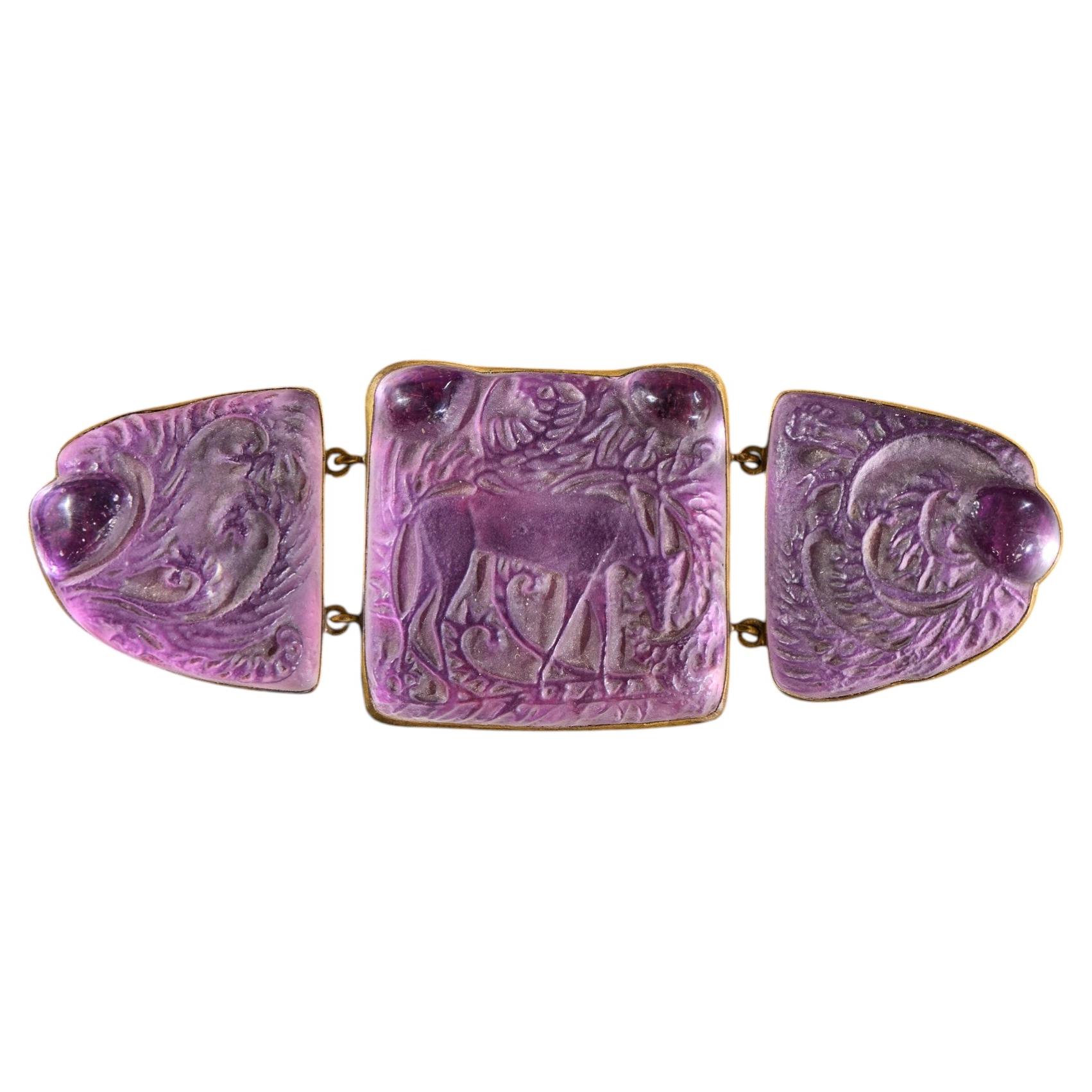 René Lalique 1912 Three Piece Clear Glass on Purple Foil Biches Brooch