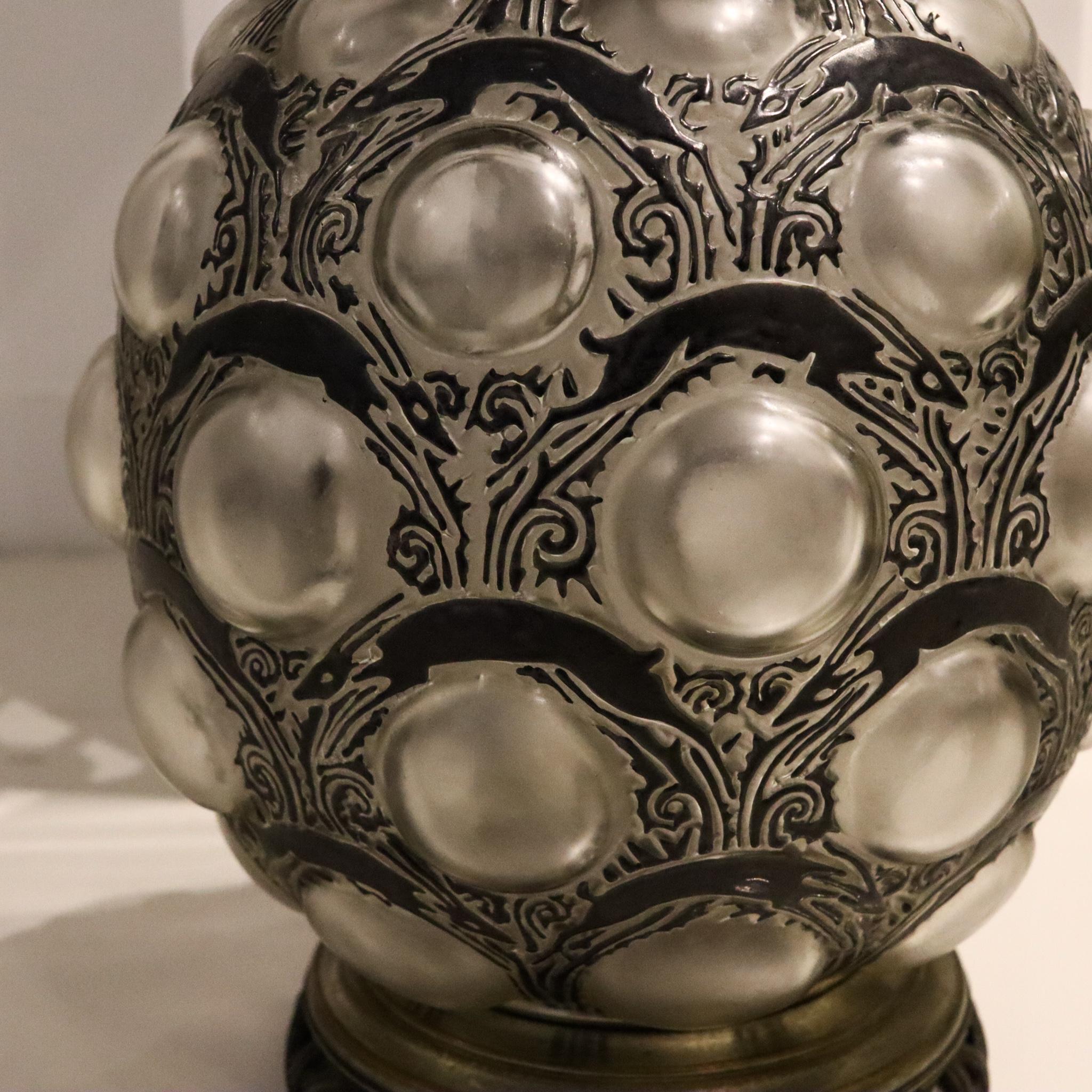 Enameled Rene Lalique 1925 Art Deco Lamp Antilopes Vase in Clear Art Glass with Enamel For Sale