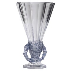 René Lalique 1931 Faune Vase in Clear Crystal with Blue Patina