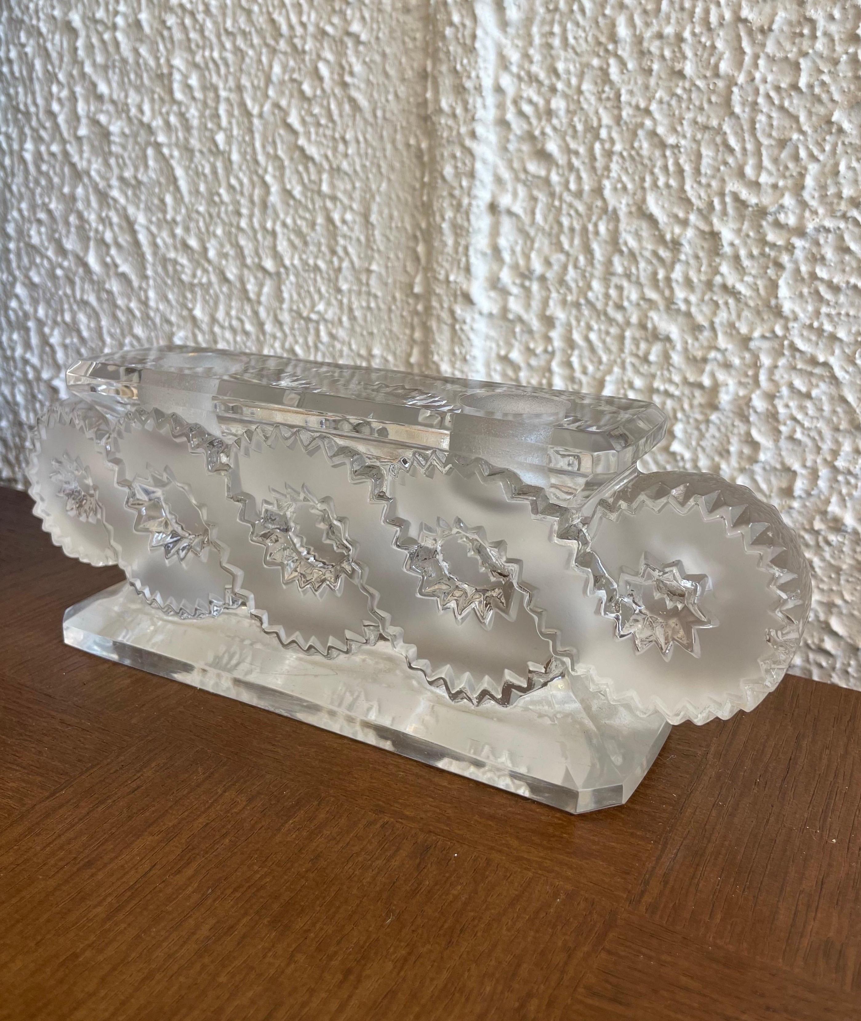 Stunning René Lalique 1940s double candle holder signed Lalique in frosted glass. In excellent vintage condition.