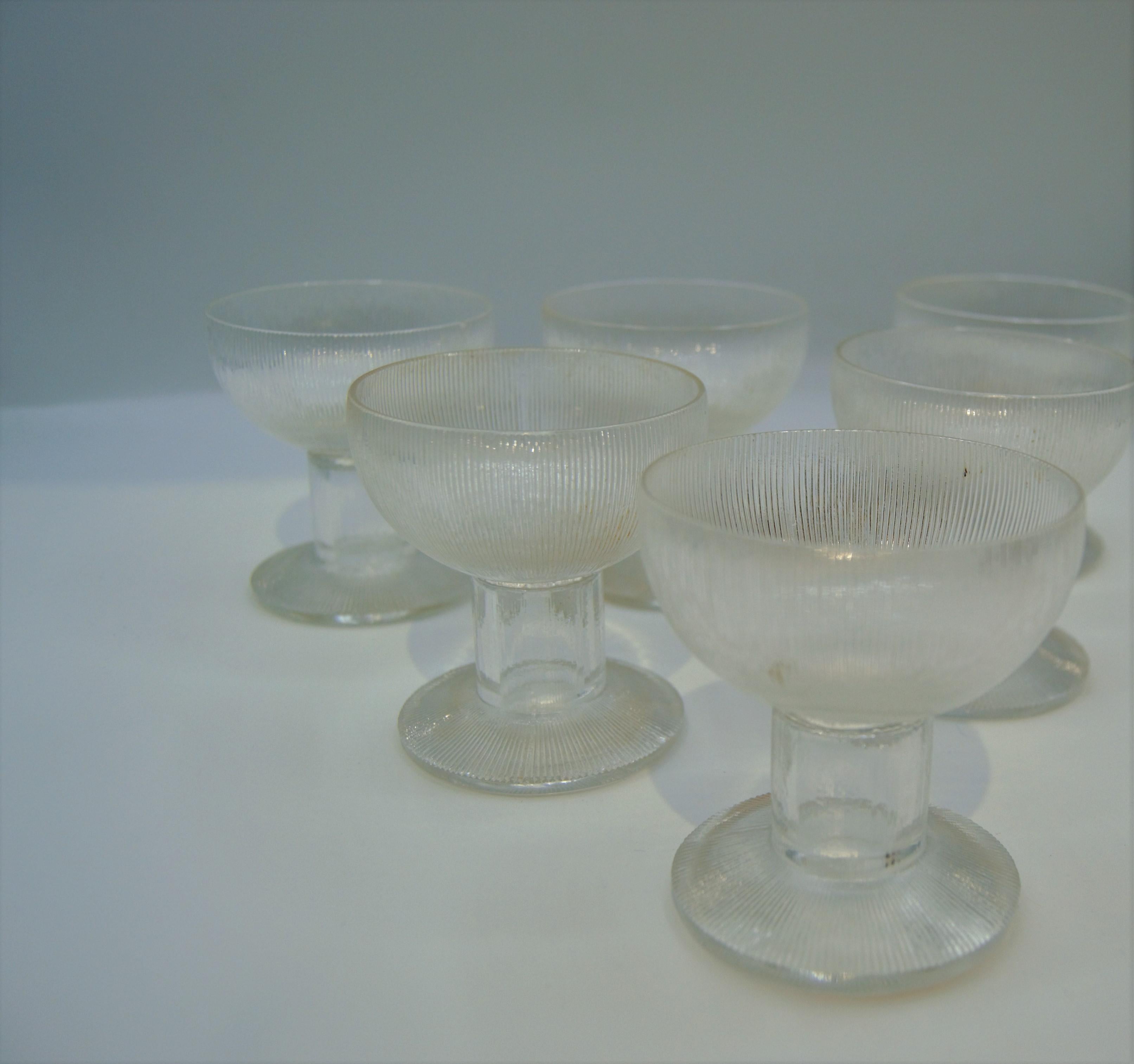 René Lalique glass Wingen: 6 glasses
frosted thin vertical ribbed top section on clear thick stem and a round base with matching design to the top of the Lalique glass
Measures: Height 2.76 in / 7 cm
Model: 5109,
circa 1926.
  