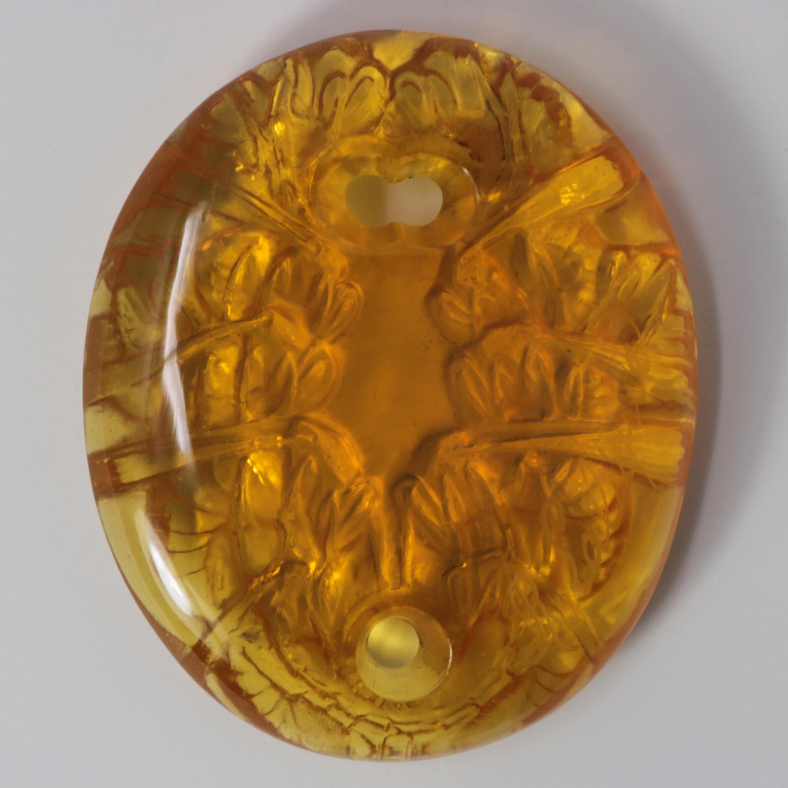 Rene Lalique Amber Glass 'Guepes' Pendant. This pattern features wasps. Engraved makers mark, 'R. Lalique'. Book reference: Marcilhac 1650.
