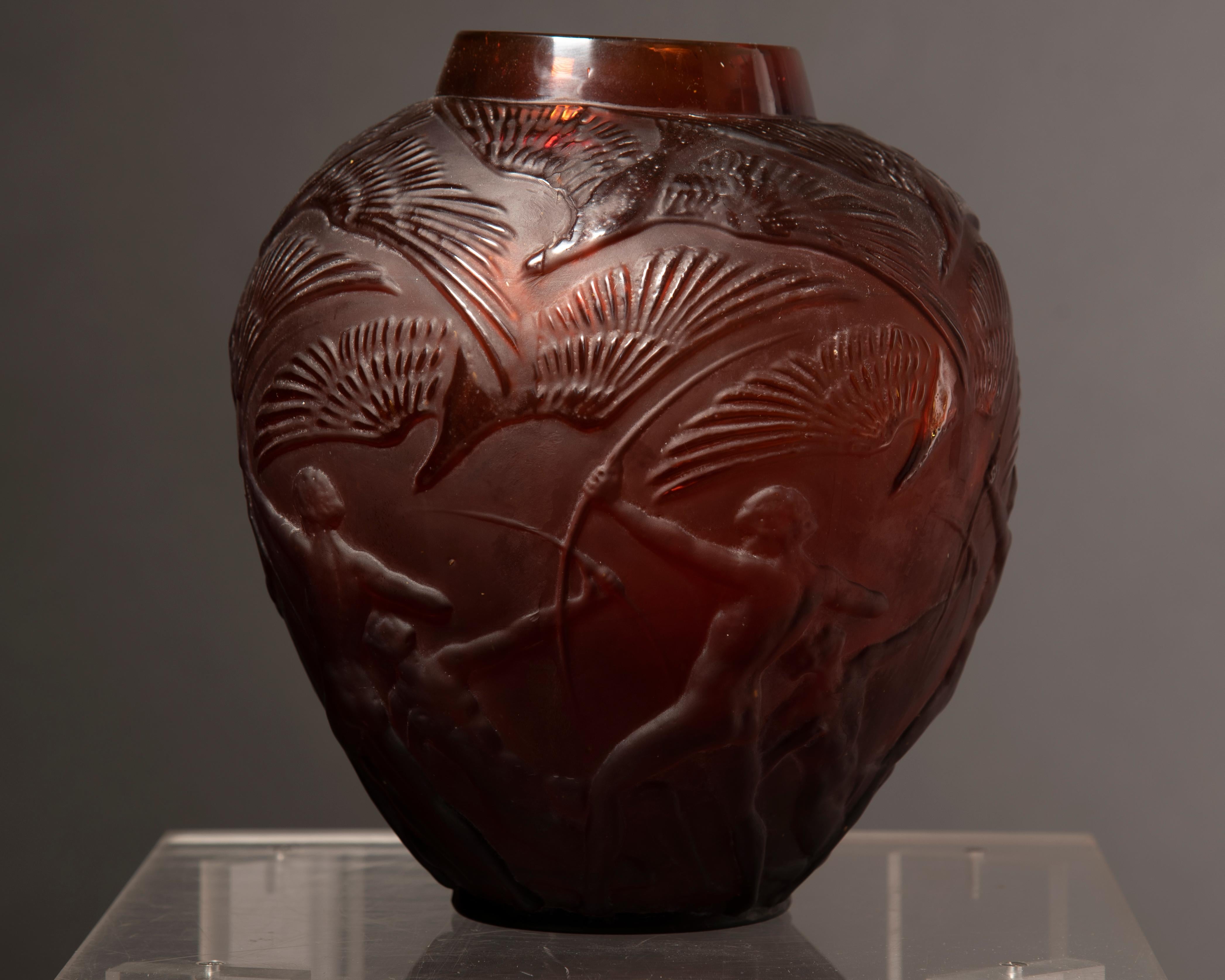 Lalique Signed 'Archers' Amber Glass Vase 4
