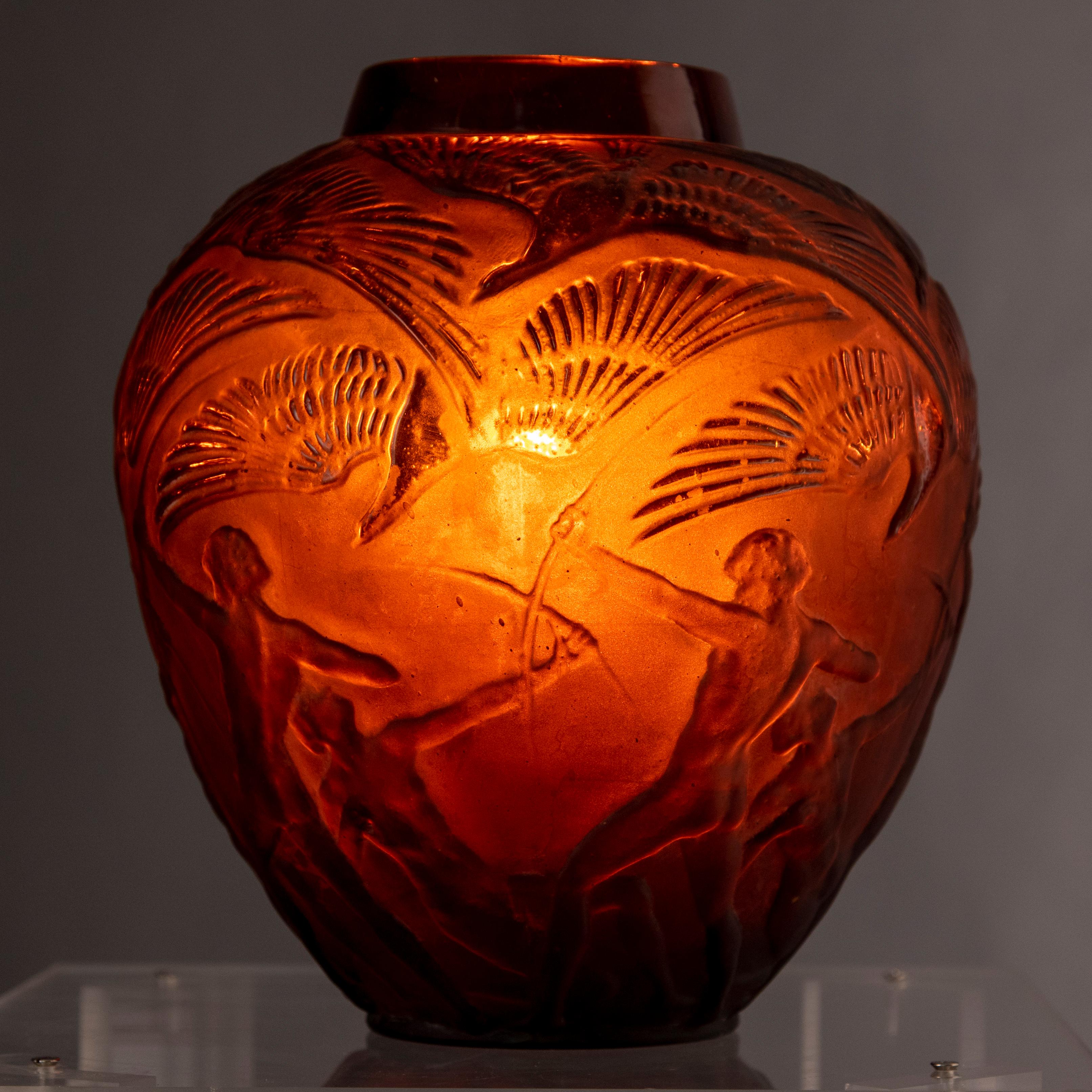 Lalique Signed 'Archers' Amber Glass Vase 5