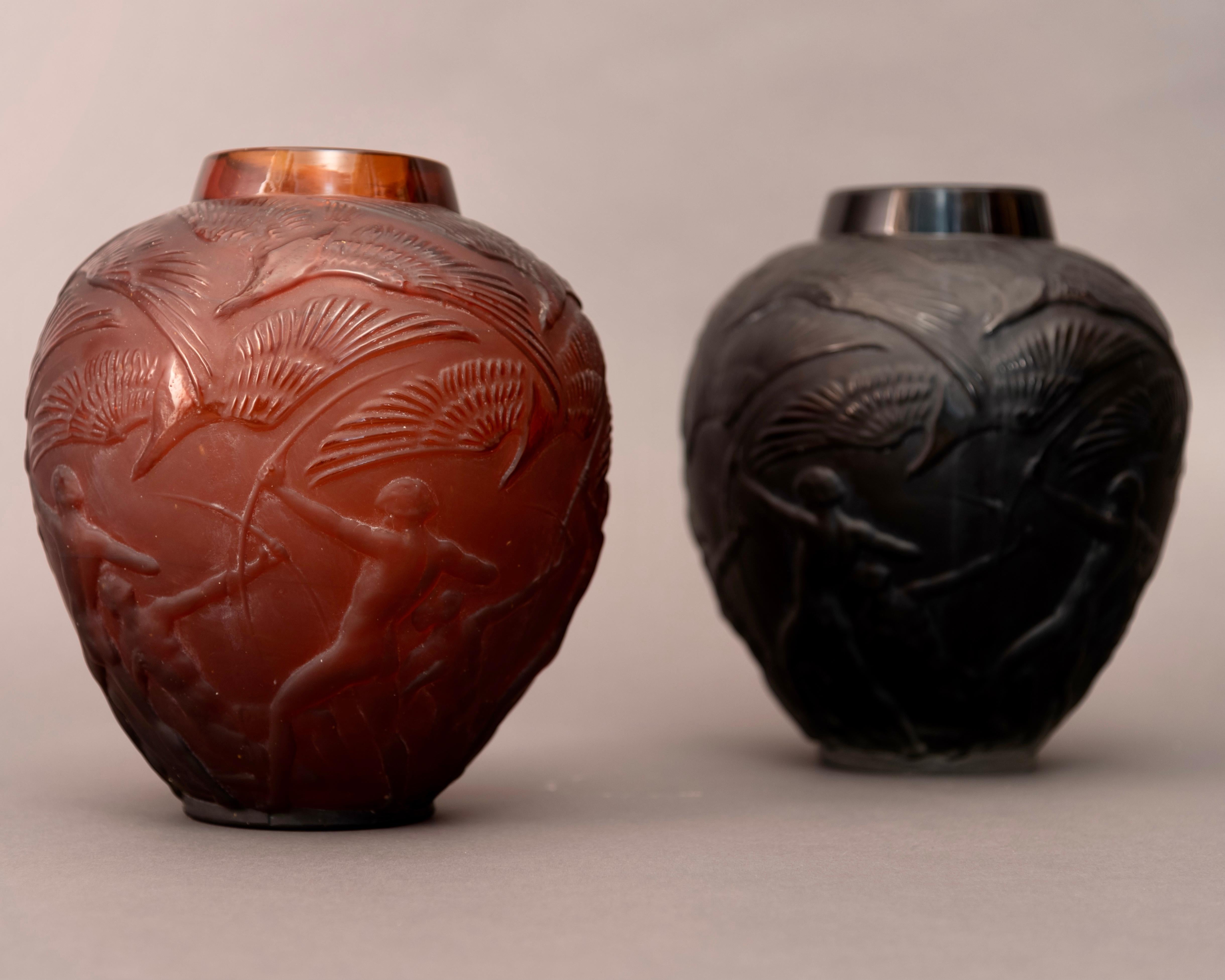 Lalique Signed 'Archers' Amber Glass Vase 6