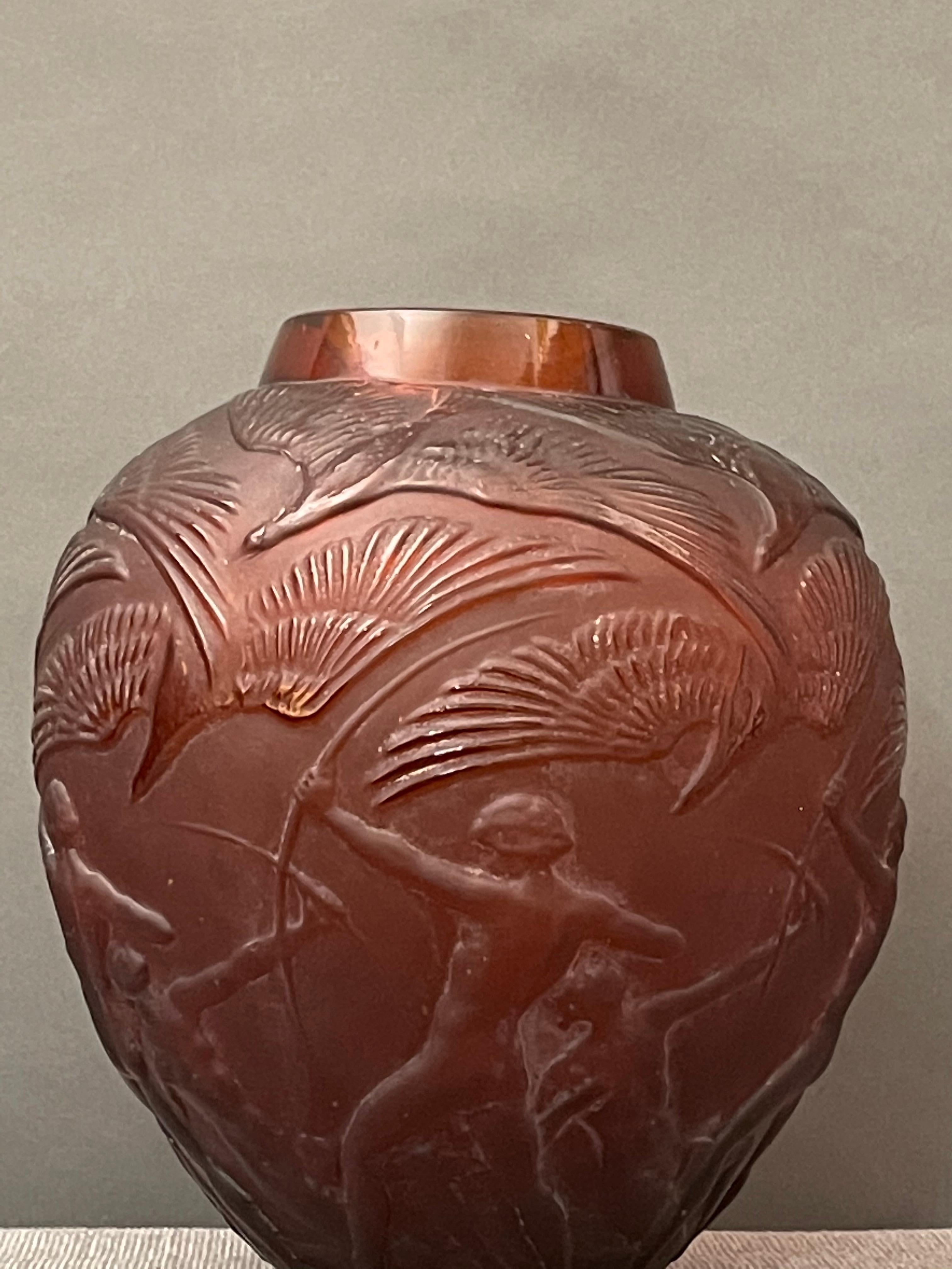 Lalique Signed 'Archers' Amber Glass Vase 7