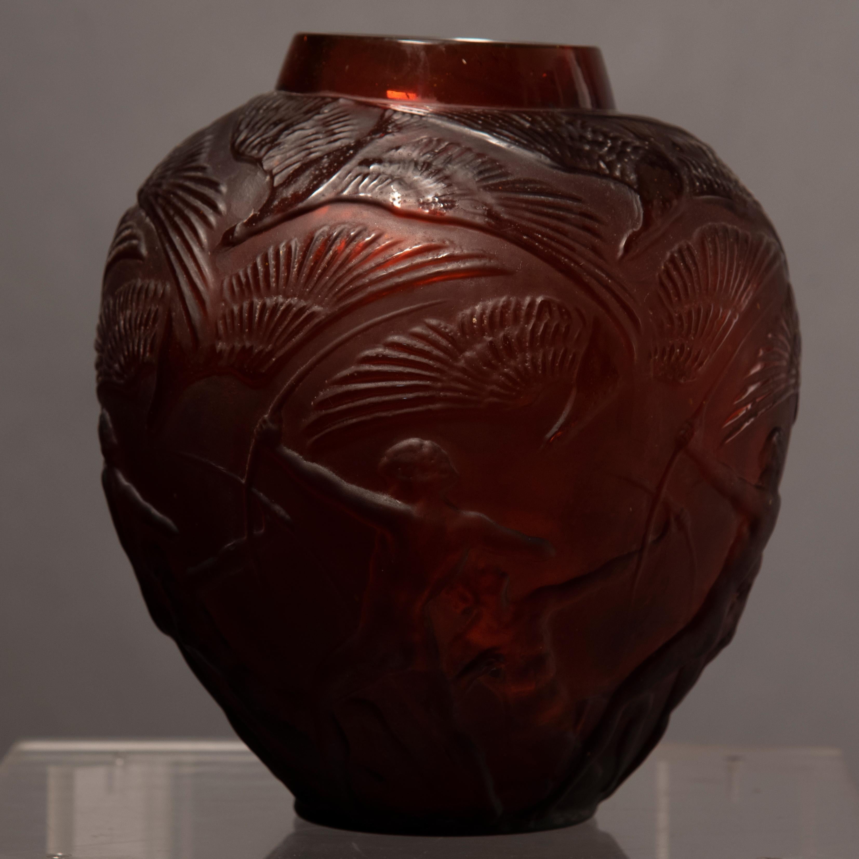 Lalique Signed 'Archers' Amber Glass Vase 8