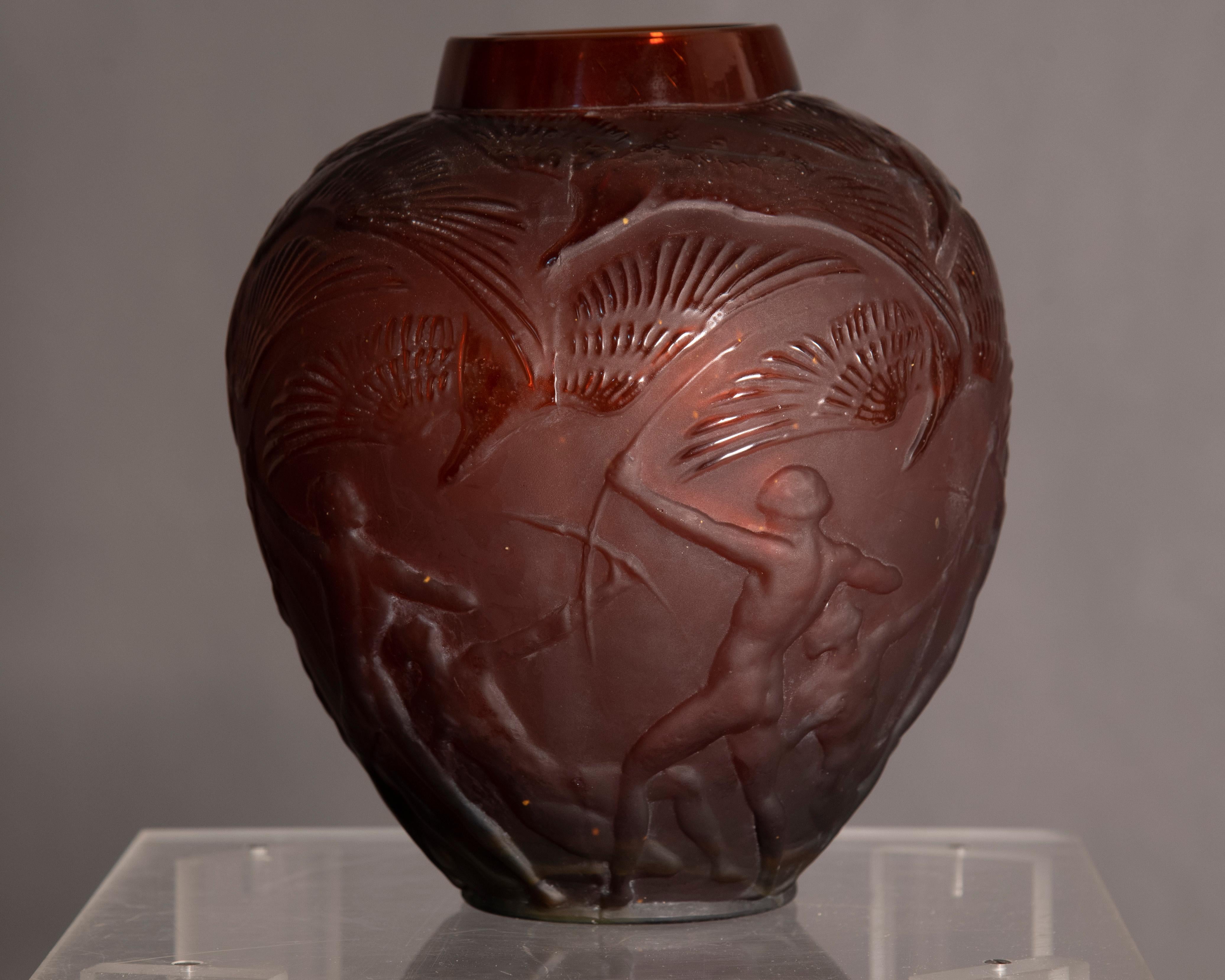 Early 20th Century Lalique Signed 'Archers' Amber Glass Vase