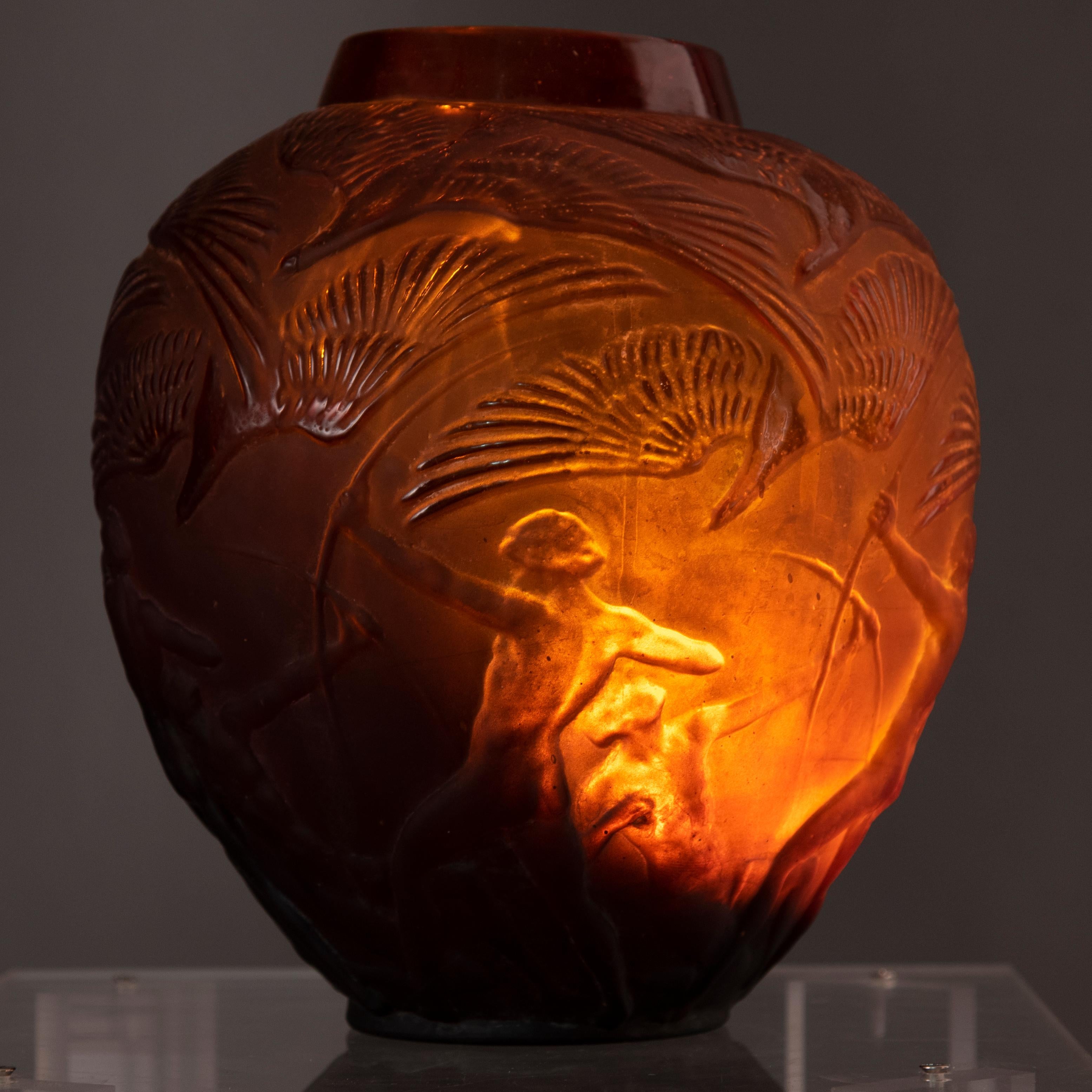 Lalique Signed 'Archers' Amber Glass Vase 1