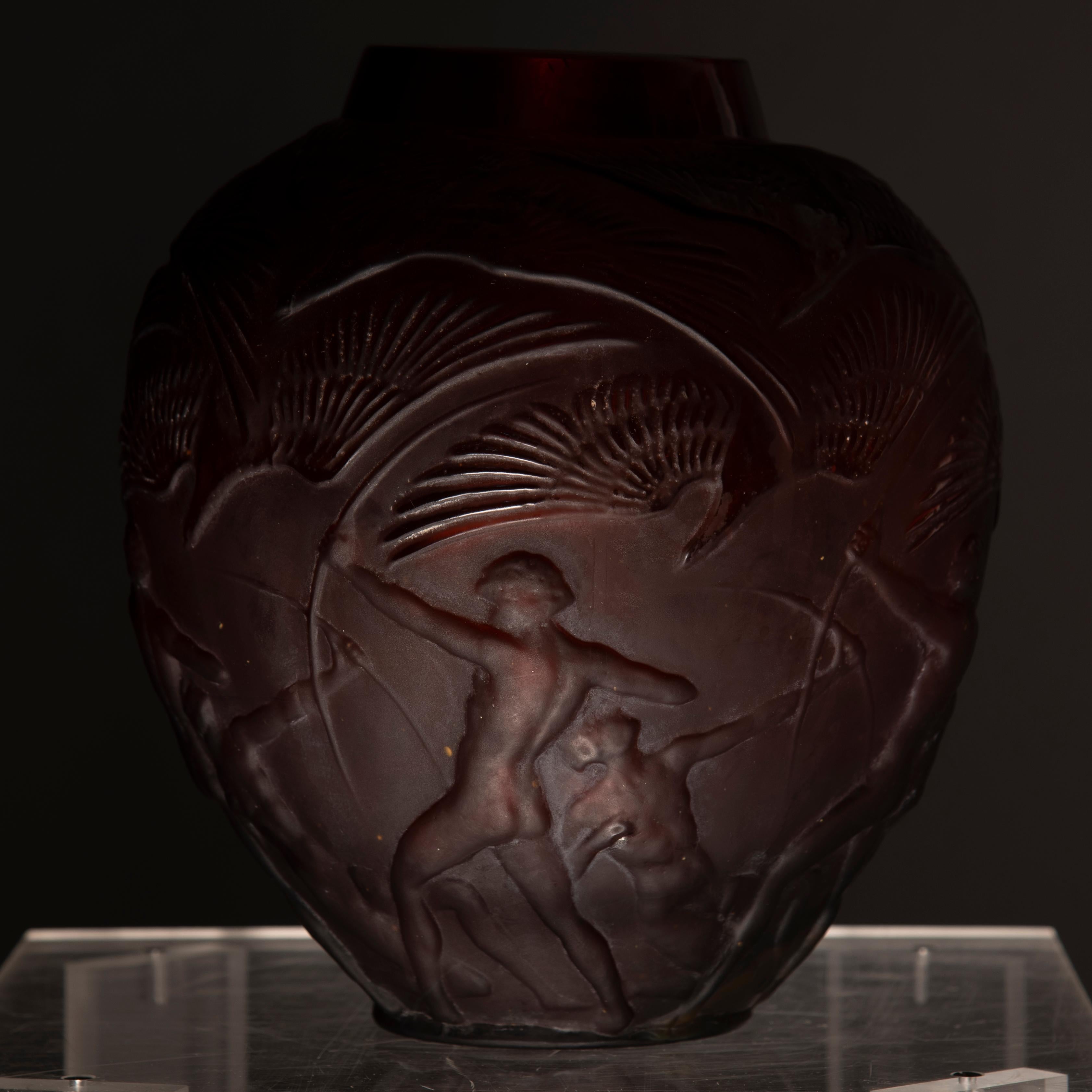 Lalique Signed 'Archers' Amber Glass Vase 2
