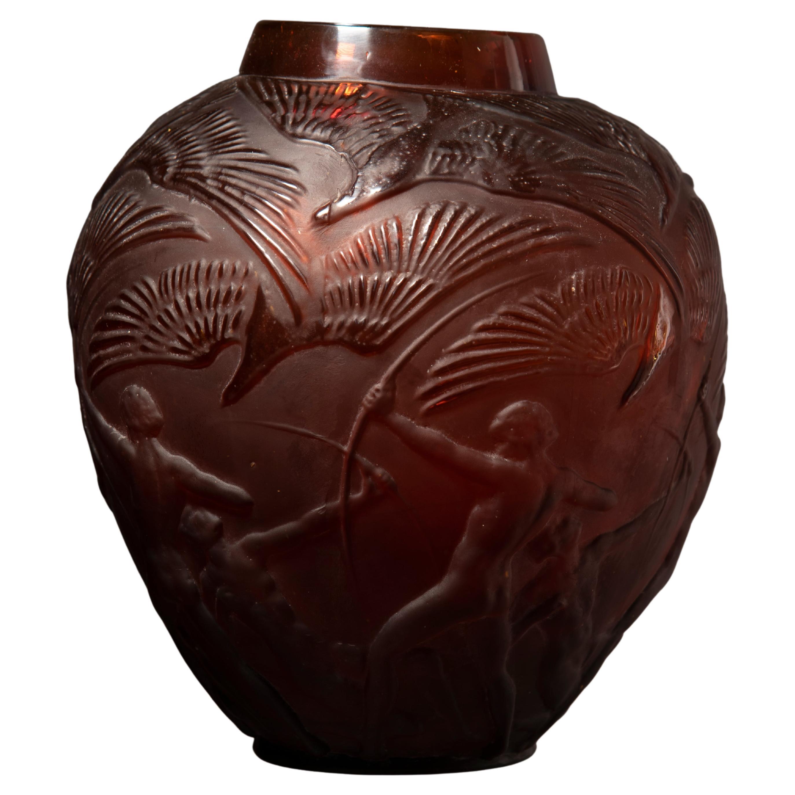 Lalique Signed 'Archers' Amber Glass Vase