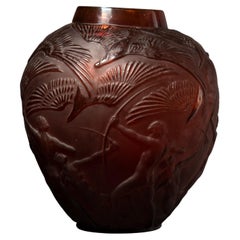 Lalique Signed 'Archers' Amber Glass Vase