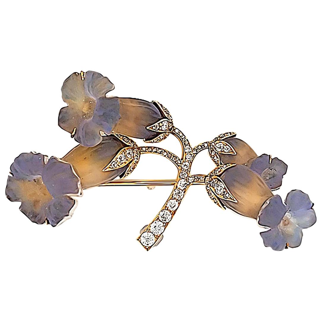 Rene Lalique Art Nouveau Opalescent Glass and Diamond Flower Brooch For Sale