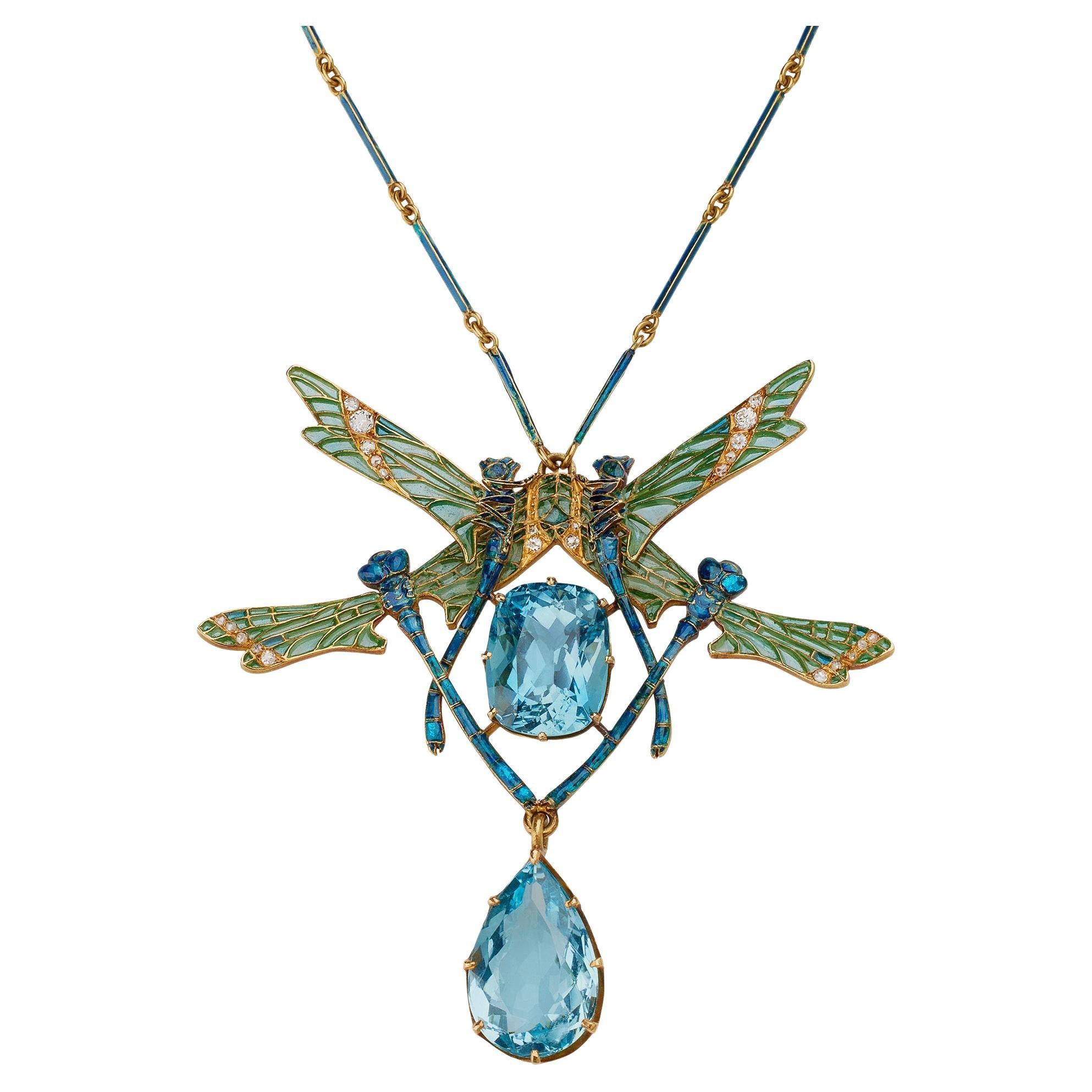 René Lalique Art Nouveau Plique-à-jour Enamel and Aquamarine "Four Dragonflies"  For Sale