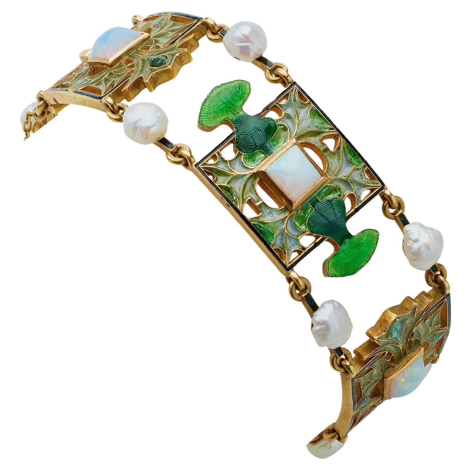 René Lalique Art Nouveau Plique-à-jour Enamel, Opal and Pearl "Thistle of Lorrai For Sale
