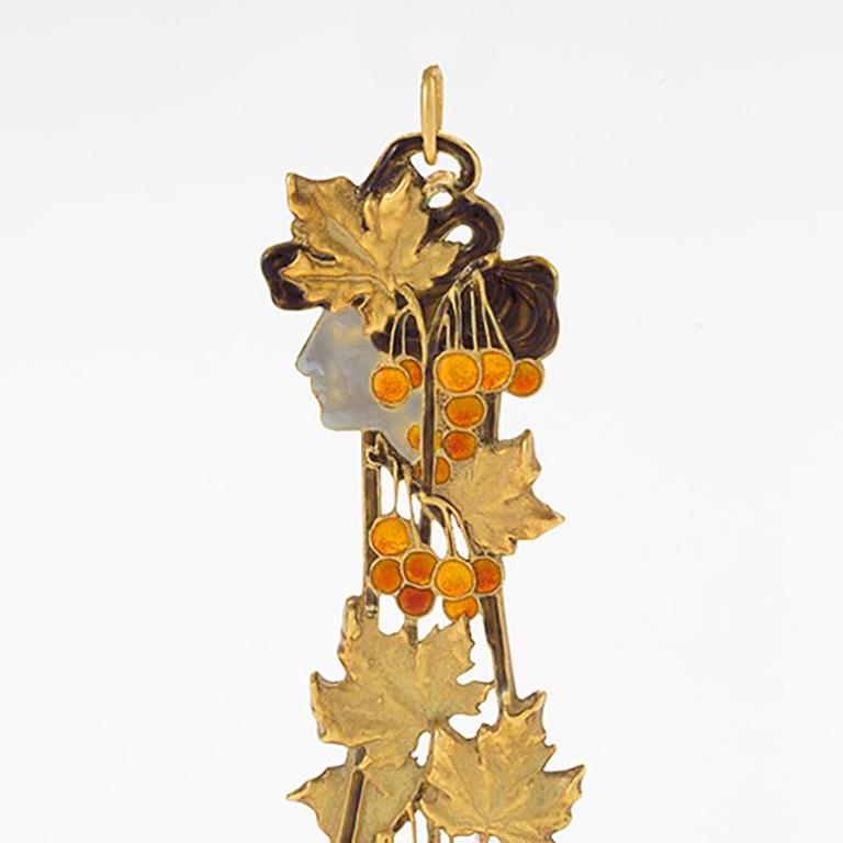 René Lalique Automne Gold und Basse-Taille-Emaille-Anhänger im Zustand „Hervorragend“ in New York, NY