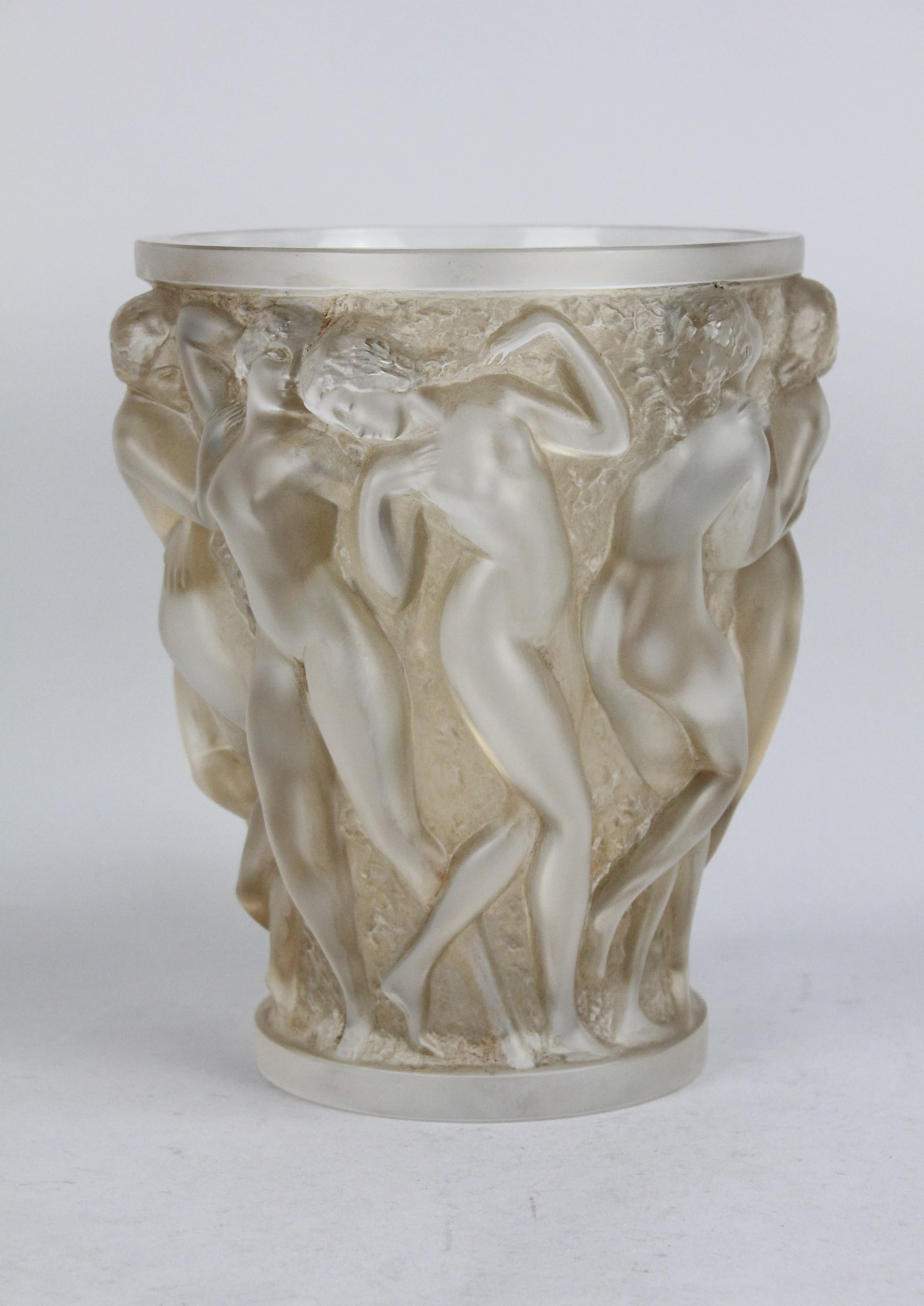 Frosted René Lalique Bacchantes Vase, Sepia Stained