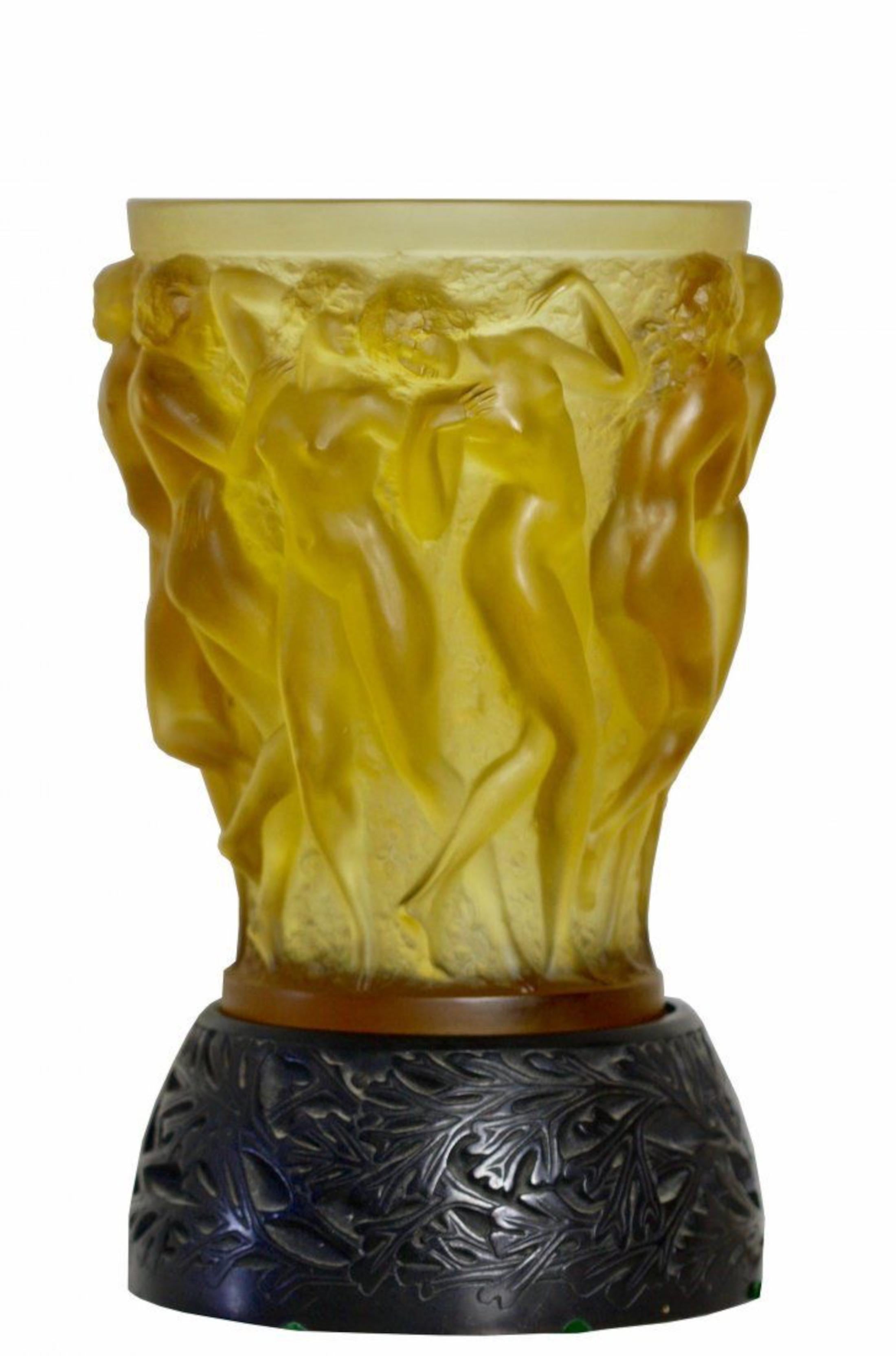 René Lalique Bacchantes Yellow Rene Lalique Glass Vase In Good Condition For Sale In West Palm Beach, FL