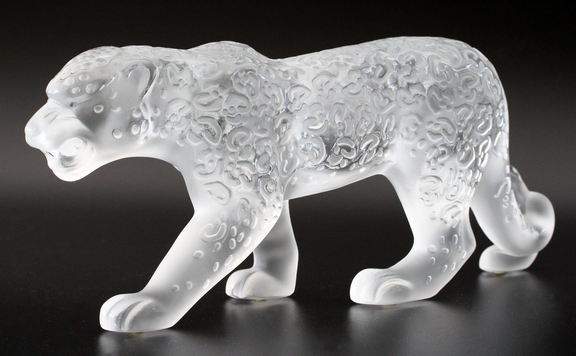 French Rene Lalique Boxed Large Frosted Art Glass Jaguar Cat For Sale