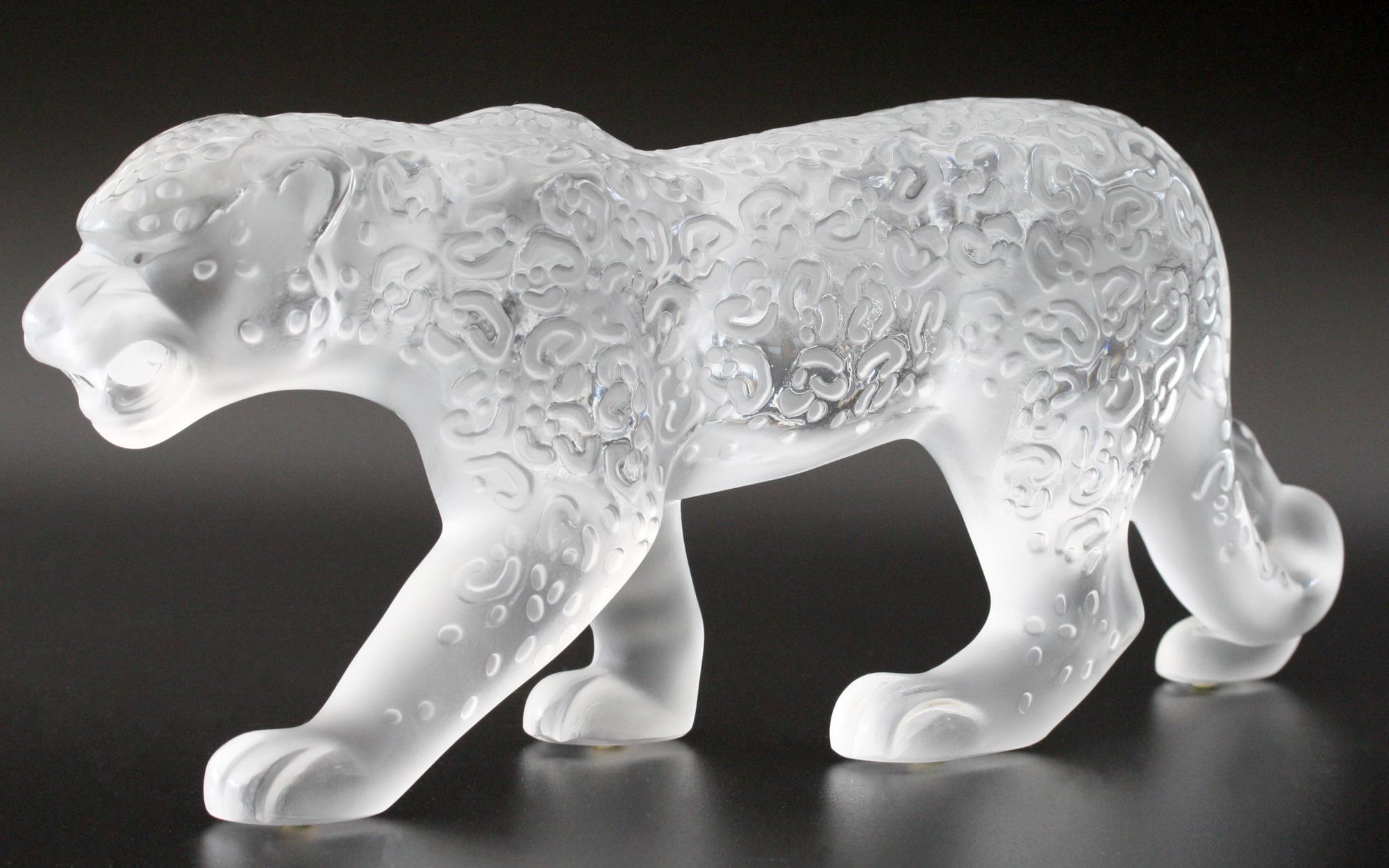 Molded Rene Lalique Boxed Large Frosted Art Glass Jaguar Cat For Sale