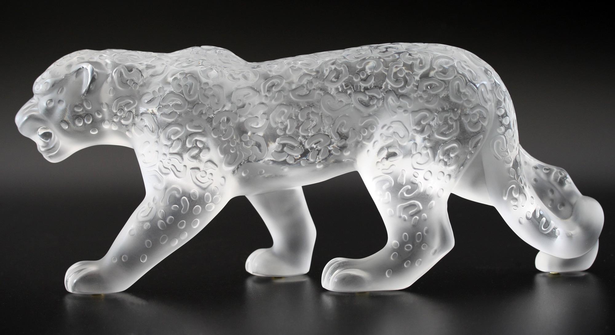 Late 20th Century Rene Lalique Boxed Large Frosted Art Glass Jaguar Cat For Sale