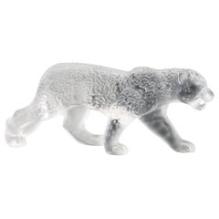 Used Rene Lalique Boxed Large Frosted Art Glass Jaguar Cat