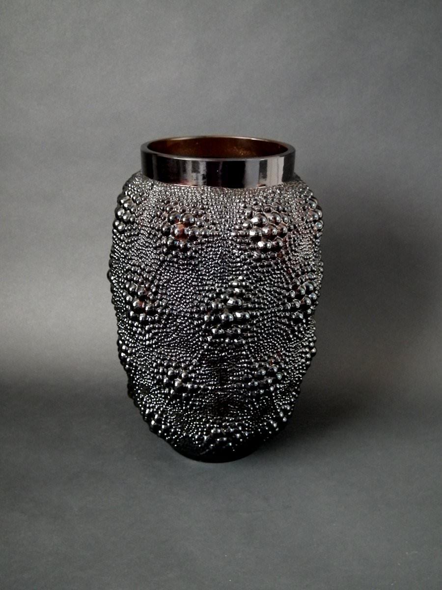 René Lalique bronze colored glass 'Davos' vase. This pattern features bubbles. Stenciled makers mark, 'R. LALIQUE FRANCE'. Book reference: Marcilhac 1079.