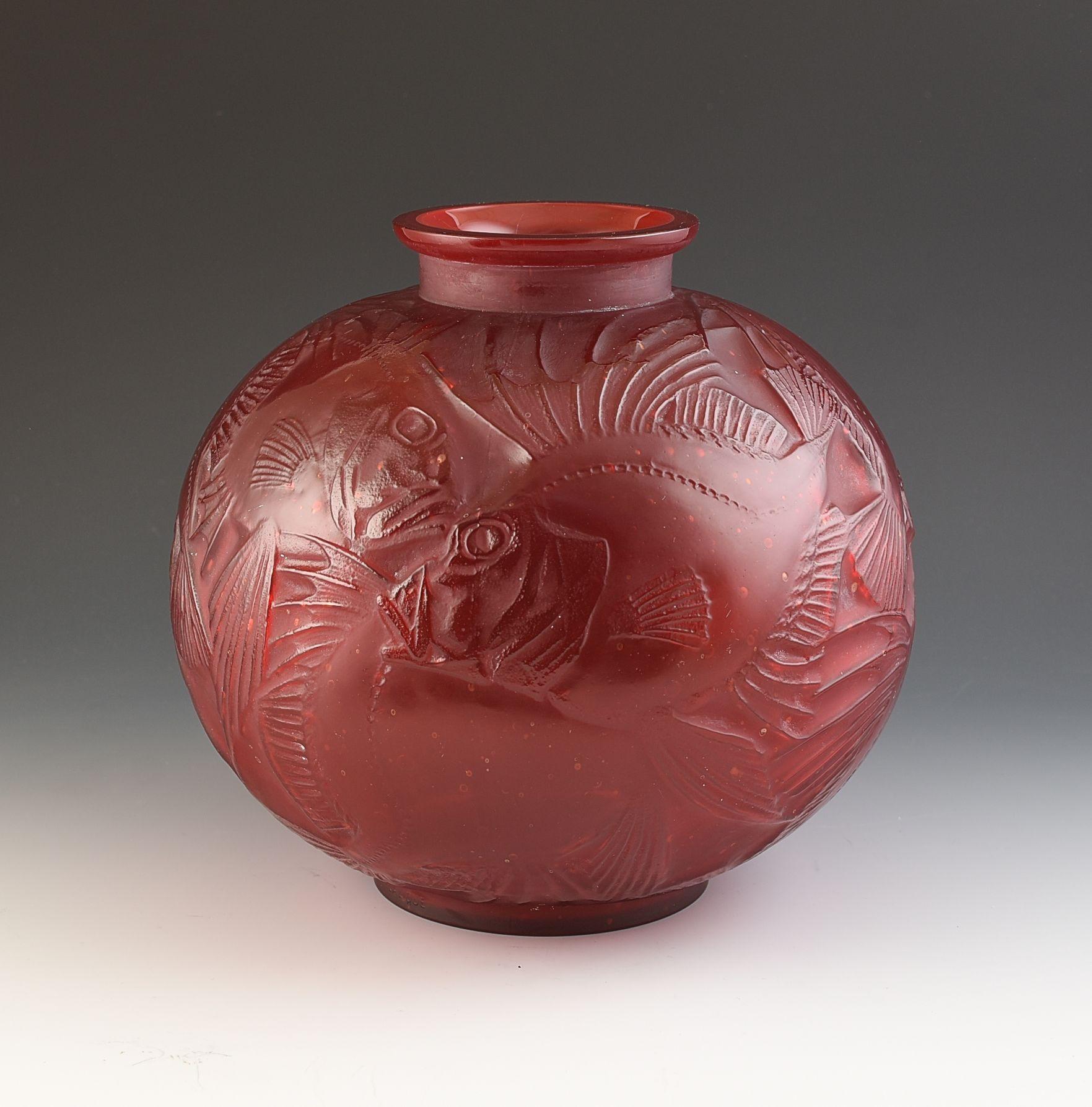 Art Deco Rene Lalique CASED RED POISSONS VASE #925 c.1921