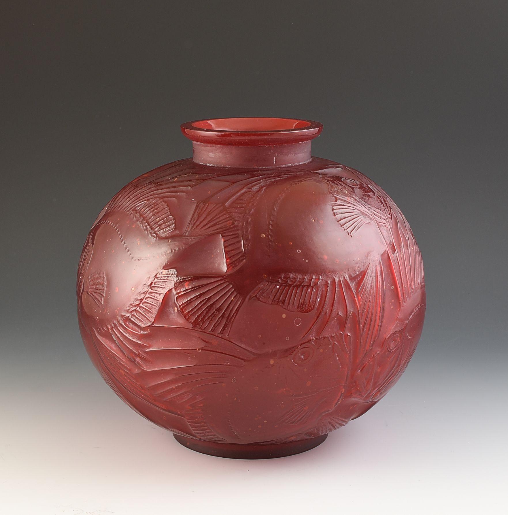 French Rene Lalique CASED RED POISSONS VASE #925 c.1921