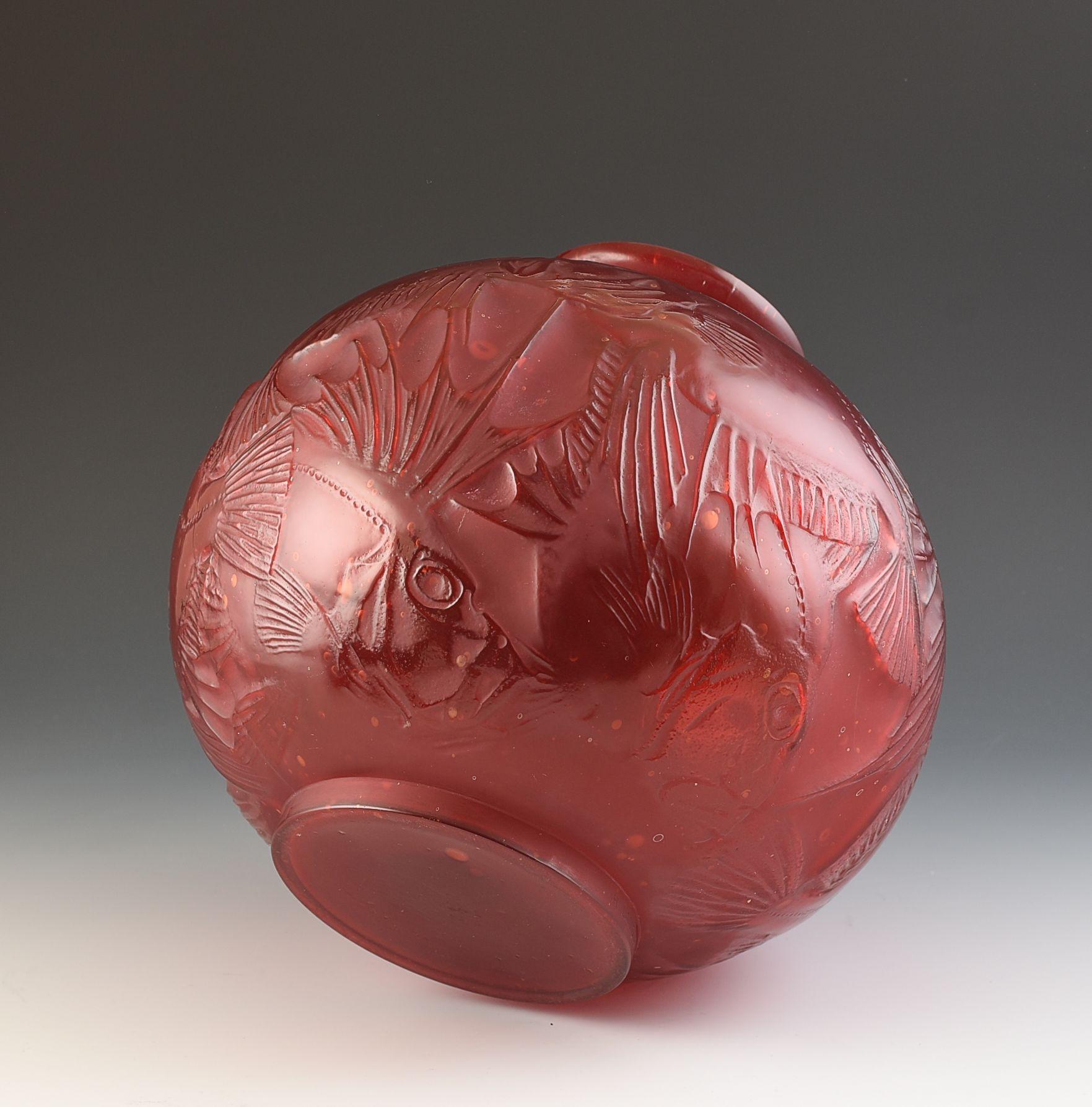 Molded Rene Lalique CASED RED POISSONS VASE #925 c.1921