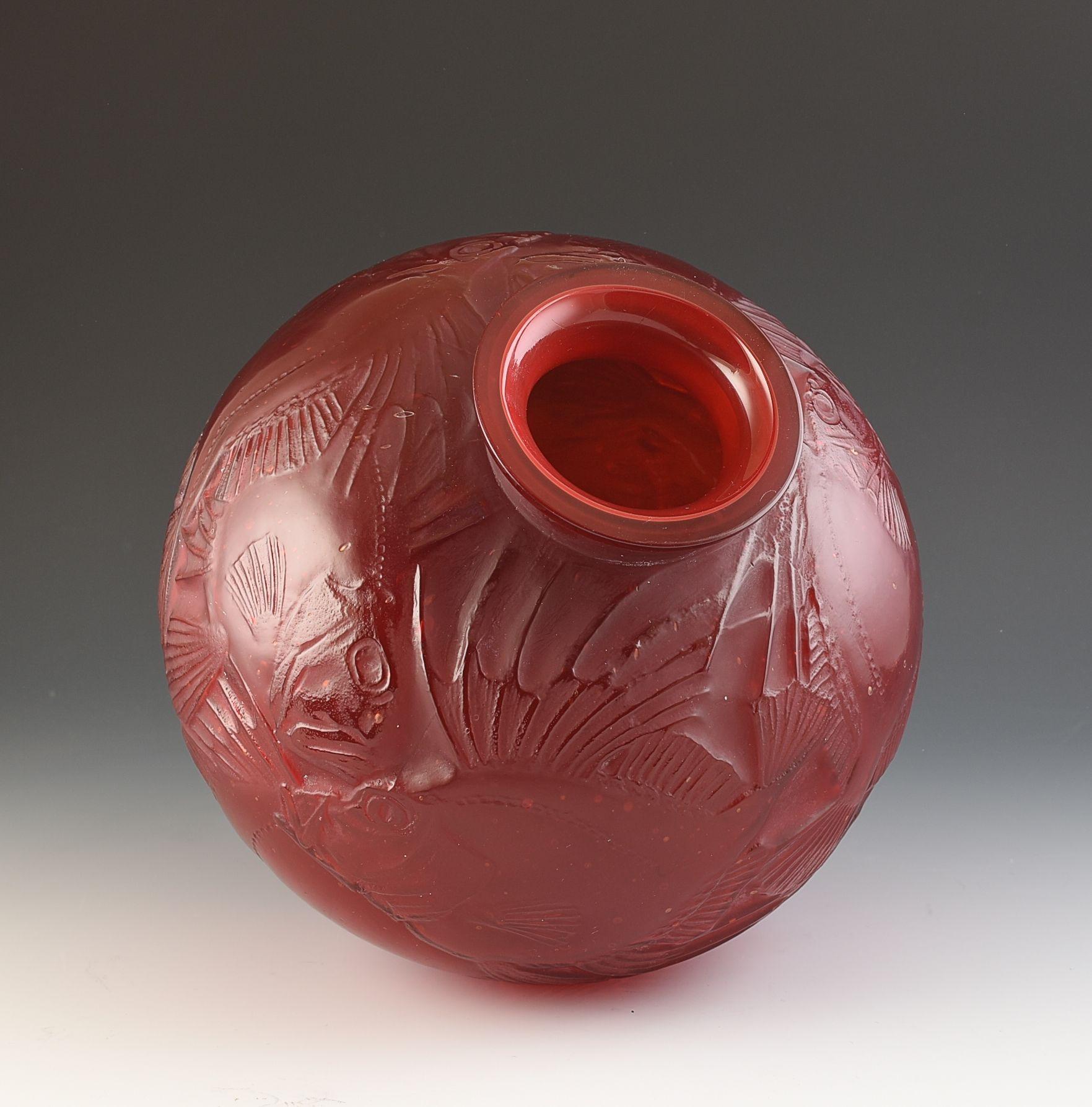 Early 20th Century Rene Lalique CASED RED POISSONS VASE #925 c.1921