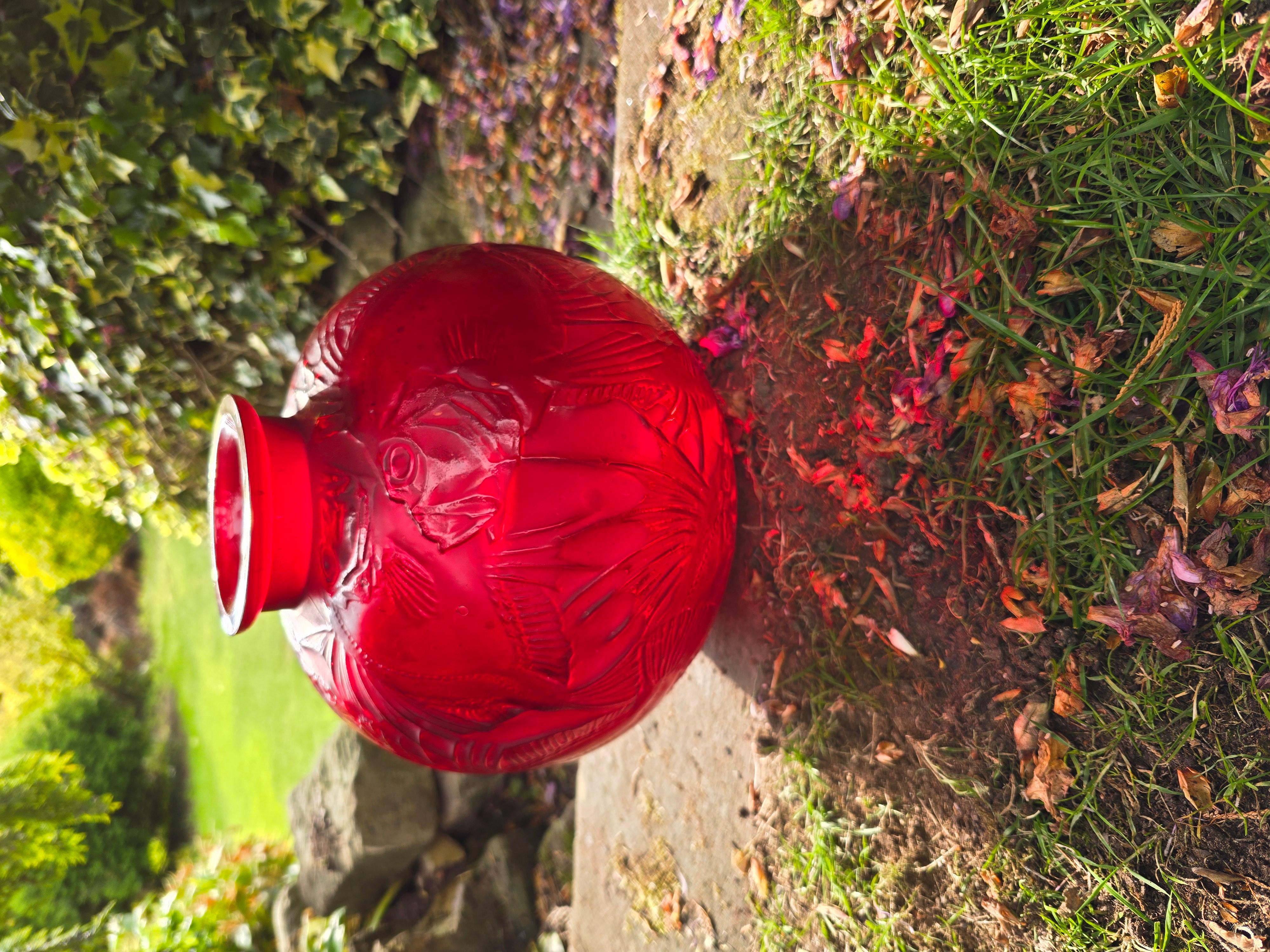 Glass Rene Lalique CASED RED POISSONS VASE #925 c.1921