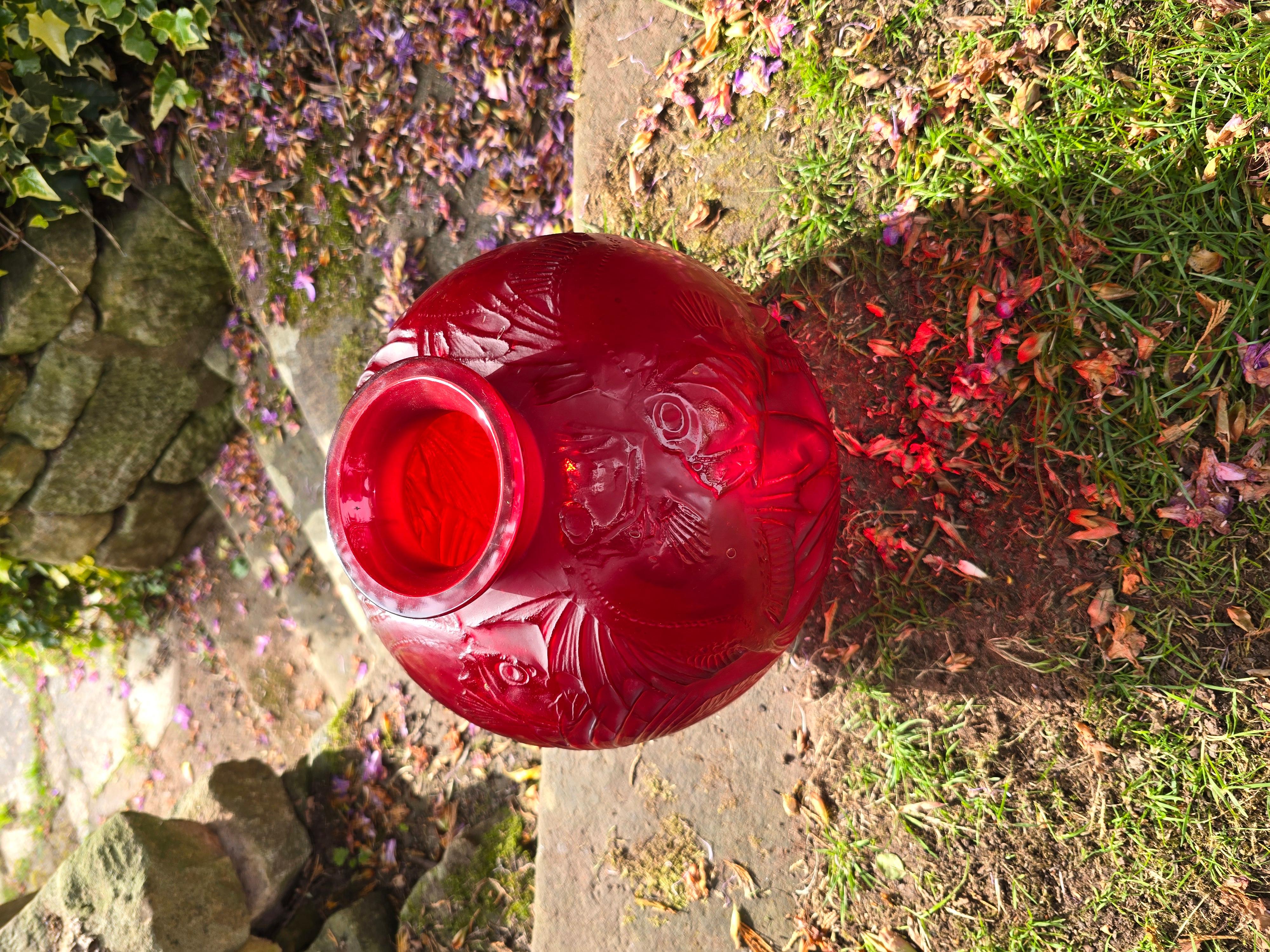 Rene Lalique CASED RED POISSONS VASE #925 c.1921 1