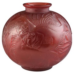 Antique Rene Lalique CASED RED POISSONS VASE #925 c.1921