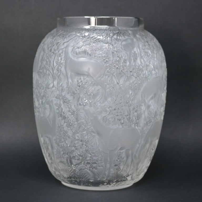 Art Deco Rene Lalique Clear & Frosted Glass Deer Vase For Sale