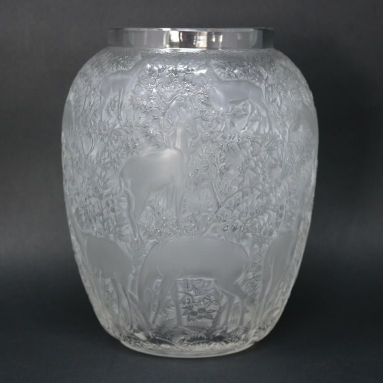 French Rene Lalique Clear & Frosted Glass Deer Vase For Sale