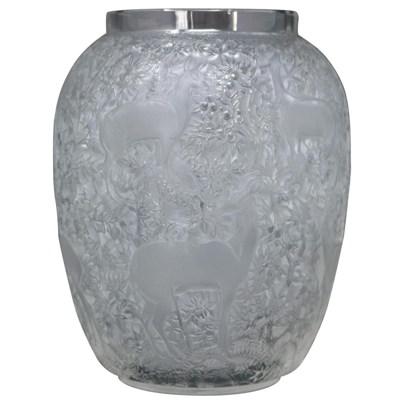 Rene Lalique Clear & Frosted Glass Deer Vase