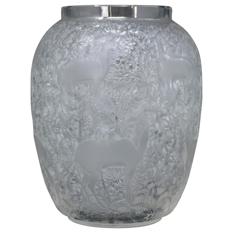 Rene Lalique Clear & Frosted Glass Deer Vase For Sale