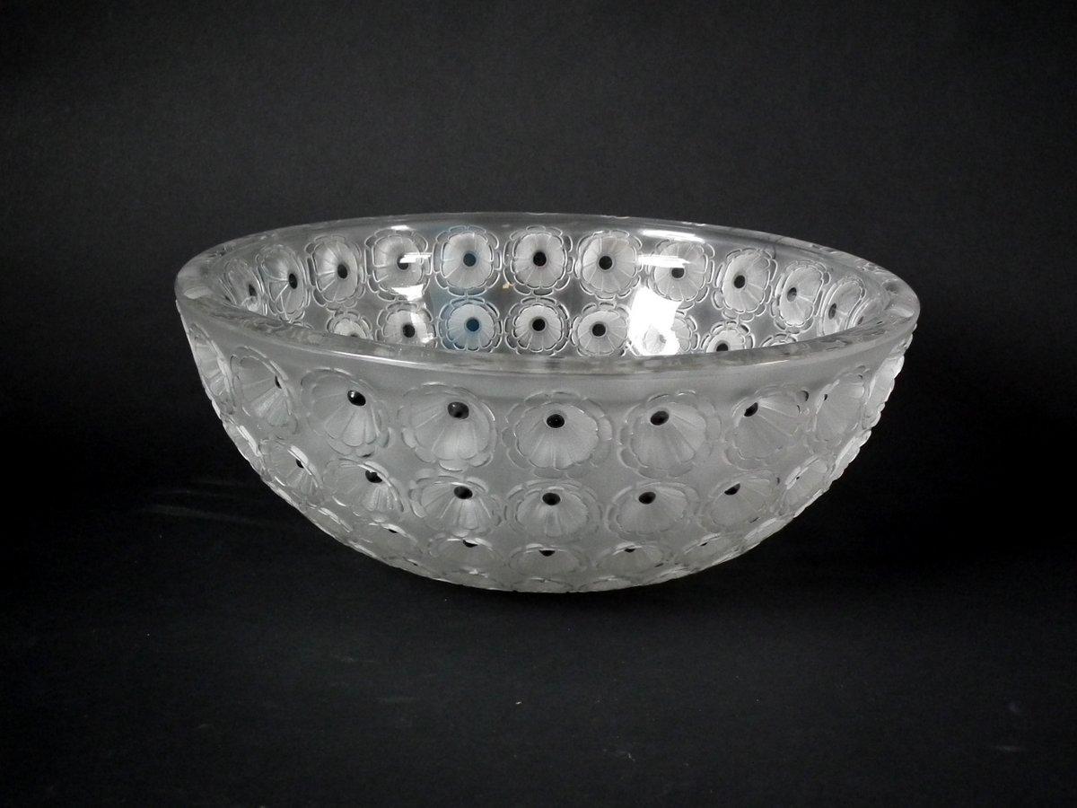 Rene Lalique clear, frosted & enamelled glass 'Nemours' Bowl. This pattern features a pattern of deeply molded, black centred flowers. Moulded makers mark, 'R.LALIQUE FRANCE'. Book reference: Marcilhac 404.