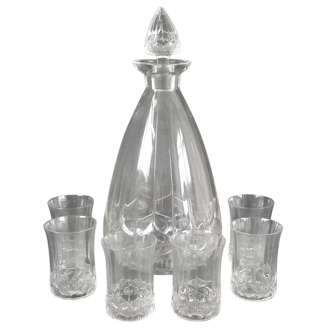 Rene Lalique Clear Glass 'Haarlem' Decanter and Glasses
