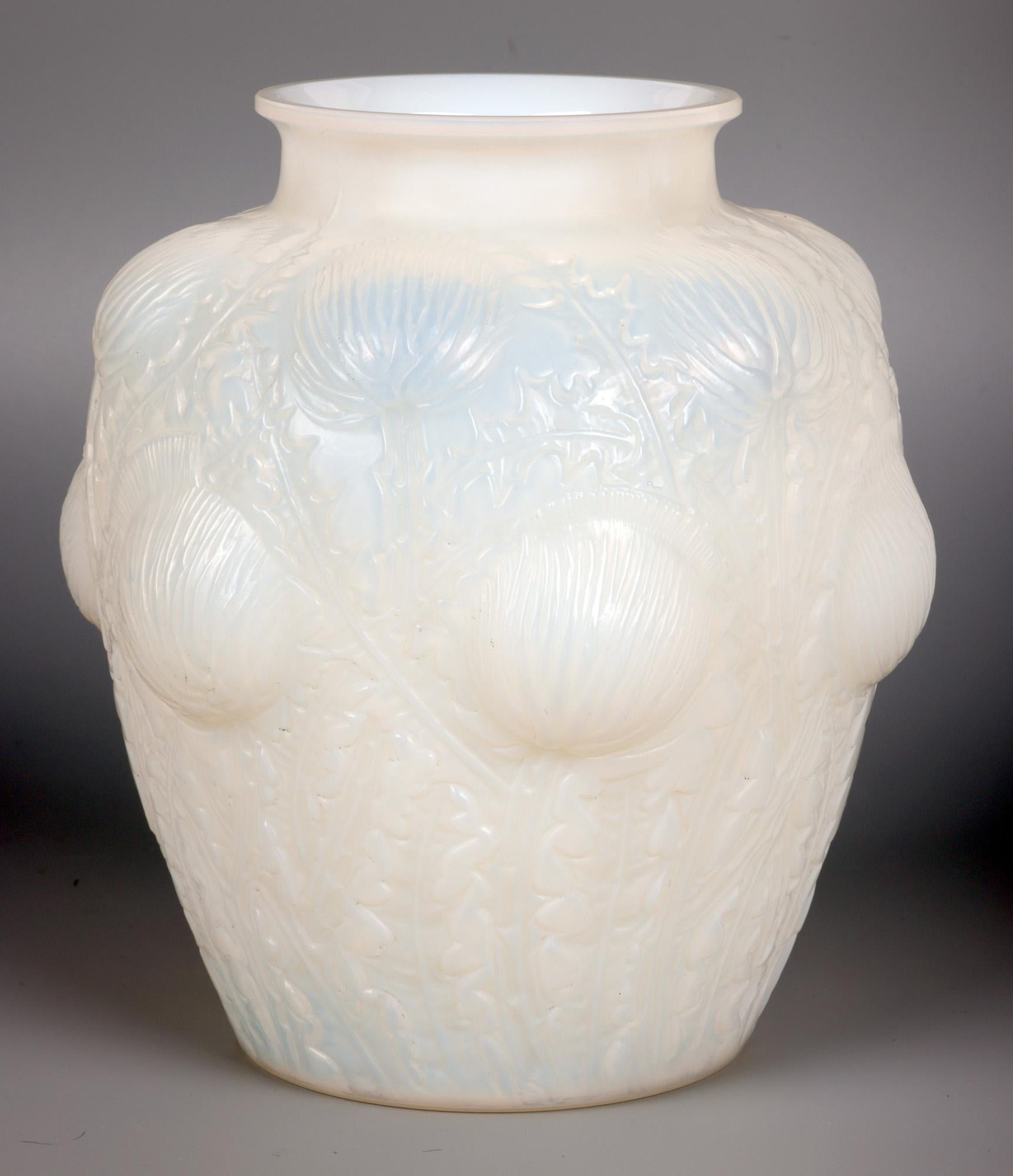 Hand-Crafted Rene Lalique Early Opalescent Domrémy Art Glass Vase For Sale