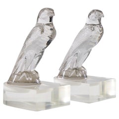 René Lalique Falcon Car Mascot Clear Glass Mounted Bookends - Pair
