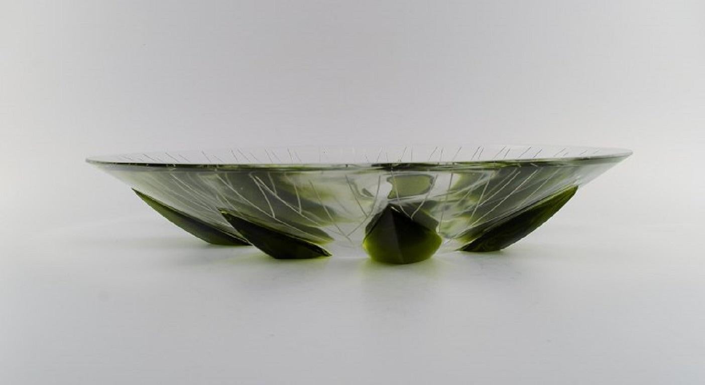 Modern René Lalique, France. Large and Rare Bowl in Clear and Green Art Glass